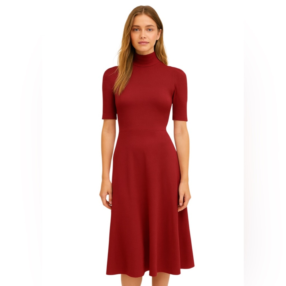 Zara Lightly Puff Half Sleeve Turtleneck Midi Dress Burnt Orange Size Small EUC